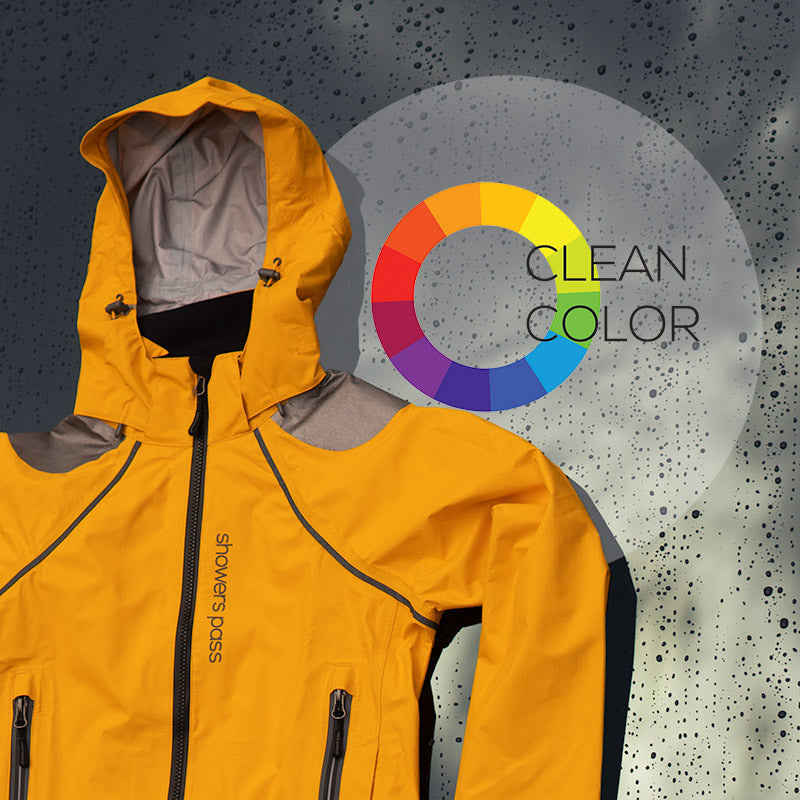 Showers Pass sustainable apparel uses clean color dyes in nearly all jackets.